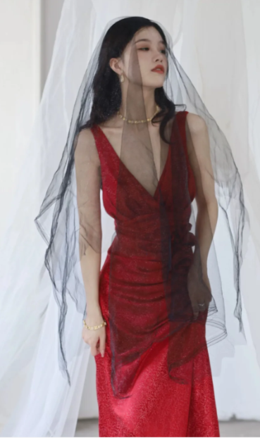 Elegant Burgundy Mermaid Jacquard Satin V-neck Evening Dress Simple Prom Dress ED02026