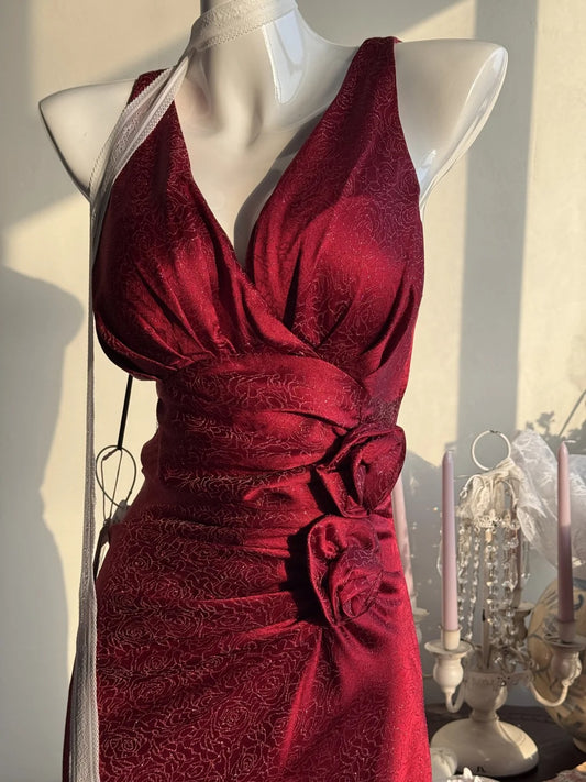 Elegant Burgundy Mermaid Jacquard Satin V-neck Evening Dress Simple Prom Dress 