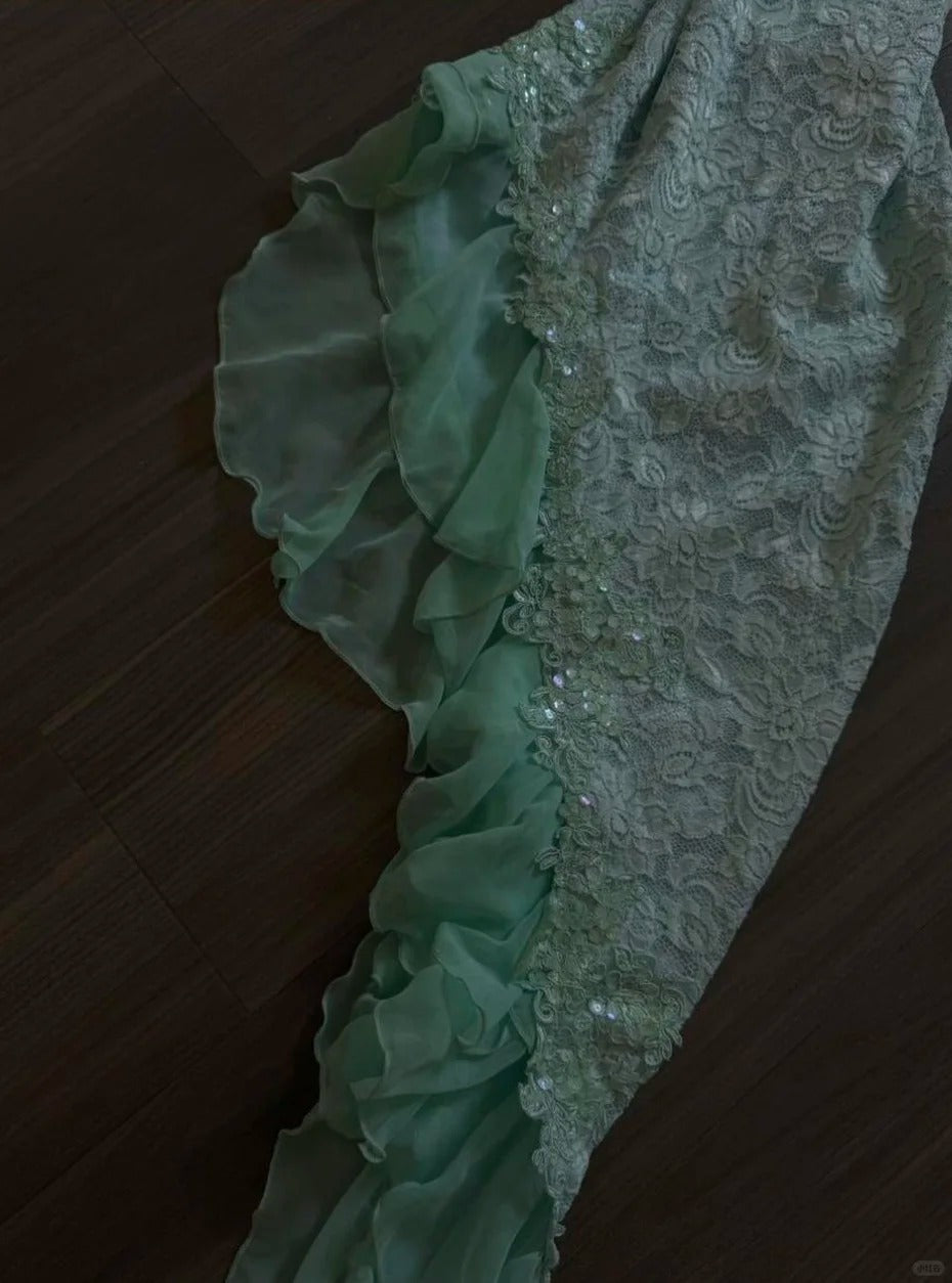 Fairytale Mint Green Spaghetti Straps Bodycon Chiffon Prom Dresses Lace Applique Sweet Party Dresses 