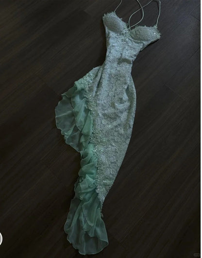 Fairytale Mint Green Spaghetti Straps Bodycon Chiffon Prom Dresses Lace Applique Sweet Party Dresses 