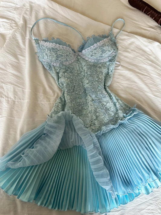 Süßes Tiffany Blau Spaghettiträger Chiffon Partykleider Spitze Applique Kurze Ballkleider Homecoming Kleid ED02028