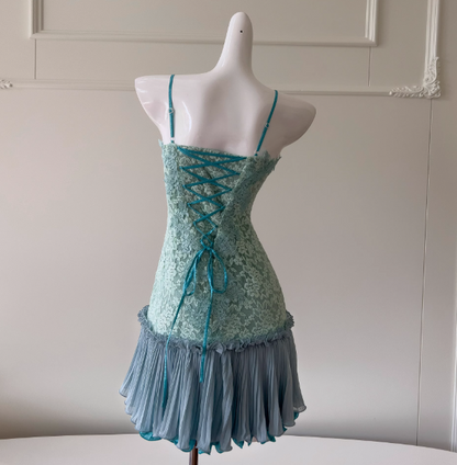 Süßes Tiffany Blau Spaghettiträger Chiffon Partykleider Spitze Applique Kurze Ballkleider Homecoming Kleid ED02028