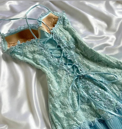 Süßes Tiffany Blau Spaghettiträger Chiffon Partykleider Spitze Applique Kurze Ballkleider Homecoming Kleid ED02028