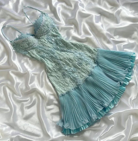 Süßes Tiffany Blau Spaghettiträger Chiffon Partykleider Spitze Applique Kurze Ballkleider Homecoming Kleid ED02028