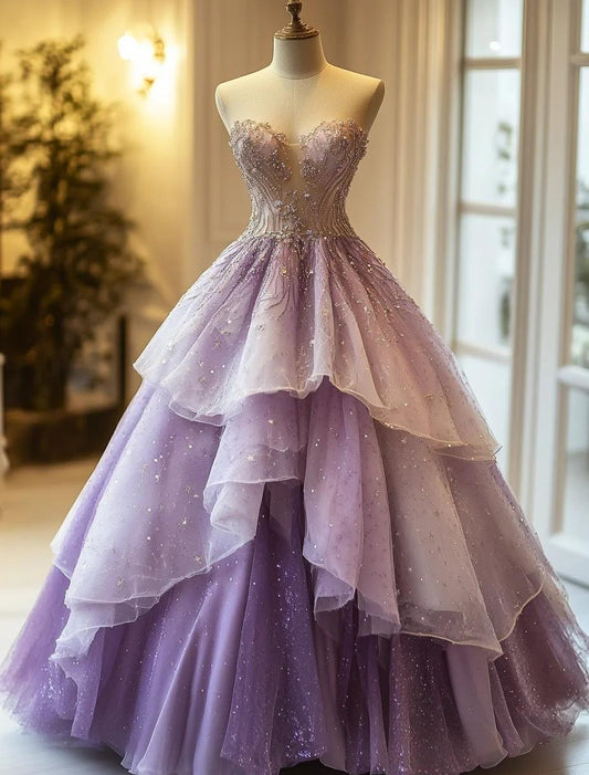 Sweet Gradient Purple Sweetheart Neck Tulle Beaded A-Line Long Prom Dress ED02030
