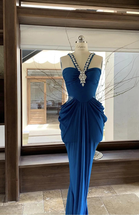Superbe robe de soirée moulante en mousseline de soie bleue à col en V et élégante robe de soirée à strass ED02032