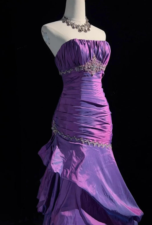 Glam Purple Strapless Mermaid Taffeta Long Prom Dresses Elegant Formal Evening Dresses with Beading