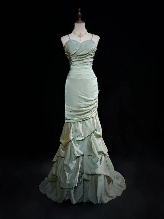 Forest Green Spaghetti Straps Mermaid Satin Long Prom Dresses Sweet 16 Formal Evening Dresses