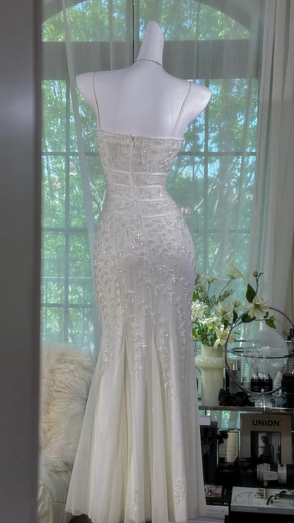 Vintage Gothic White Mermaid Chiffon Spaghetti Straps Party Dresses Elegant Shiny Beaded Evening Dresses ED02037
