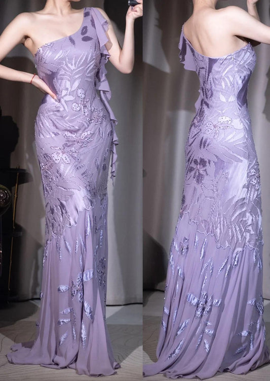 Elegant Vintage Purple One Shoulder Mermaid Chiffon Long Prom Dresses Evening Dresses with Beading ED02040