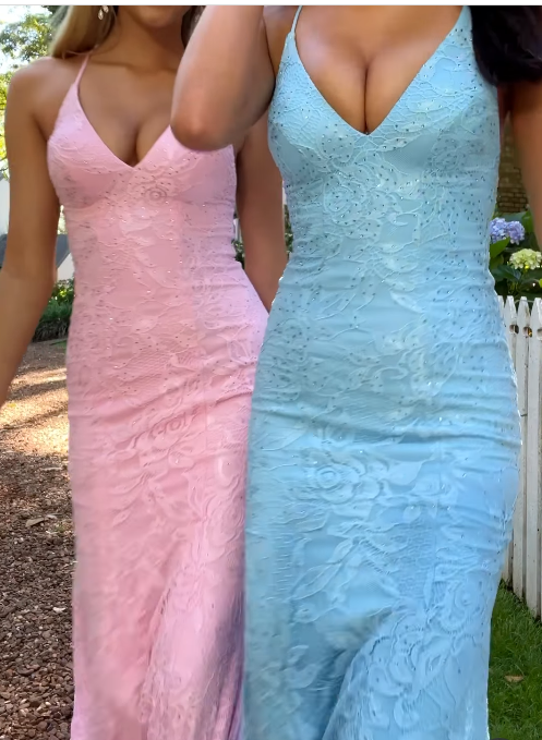 Sweet Pink Spaghetti Strap Mermaid Deep V Neck Tulle Applique Wedding Dress Backless Evening Dress ED02041