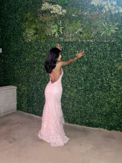 Sweet Pink Spaghetti Strap Mermaid Deep V Neck Tulle Applique Wedding Dress Backless Evening Dress ED02041