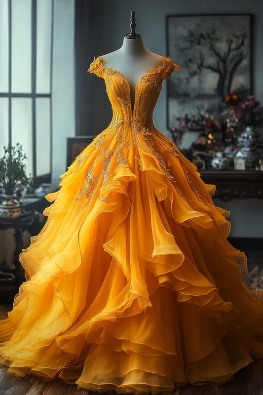 Superbe robe de mariée jaune à col en V profond et coupe trapèze en tulle, longue et unique, ED02042