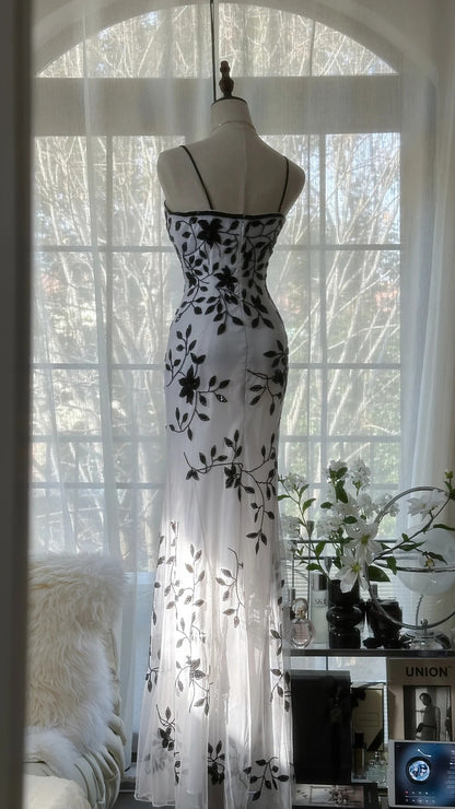 Robe de soirée sirène vintage élégante à bretelles spaghetti et appliques en mousseline de soie ED02044