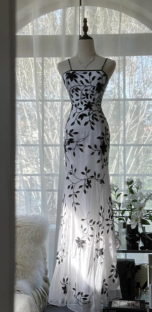 Robe de soirée sirène vintage élégante à bretelles spaghetti et appliques en mousseline de soie ED02044