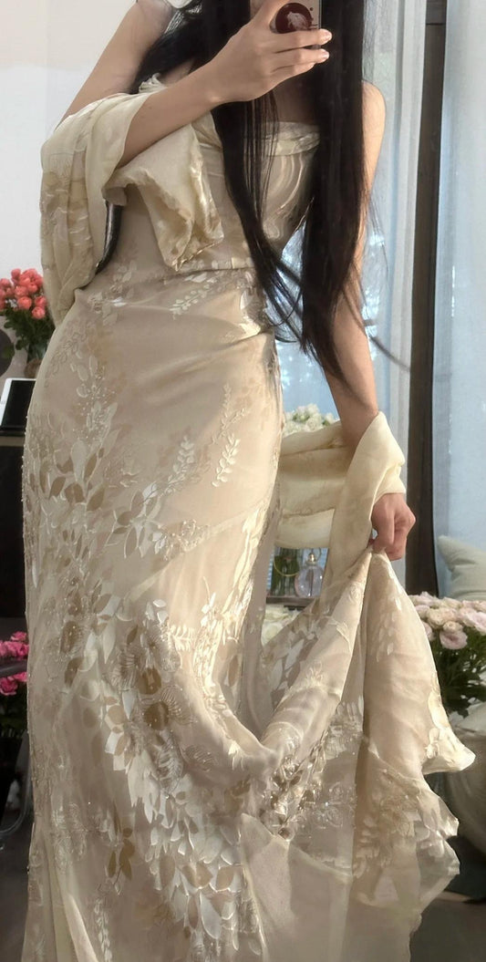 Vintage Apricot Spaghettiträger Bedrucktes Chiffon Langes Partykleid Elegantes Abendkleid mit Schal ED02046