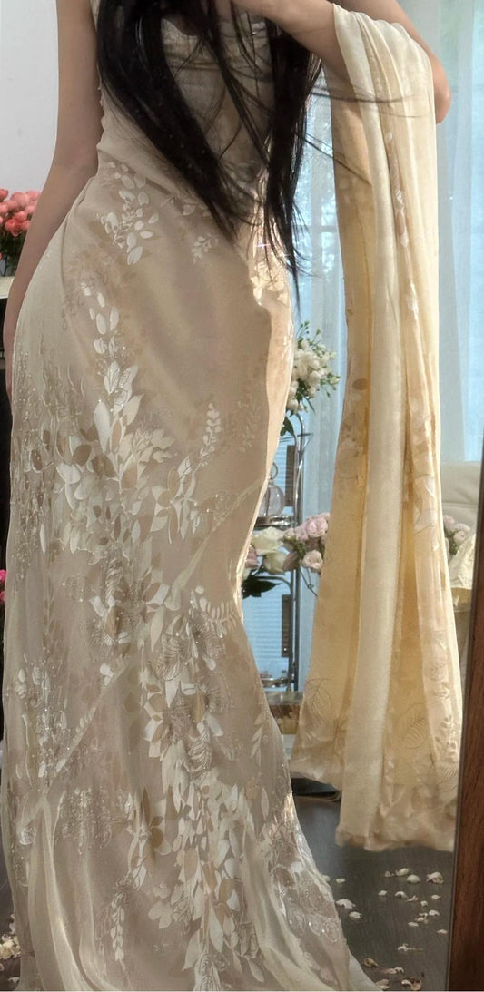 Vintage Apricot Spaghettiträger Bedrucktes Chiffon Langes Partykleid Elegantes Abendkleid mit Schal ED02046
