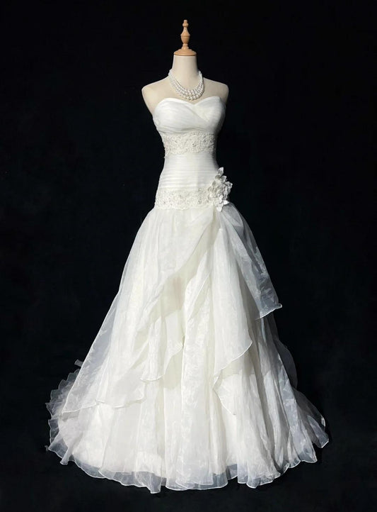 Robe de mariée blanche glamour sans bretelles, coupe trapèze, en tulle et dentelle, robe de bal longue, ED02049