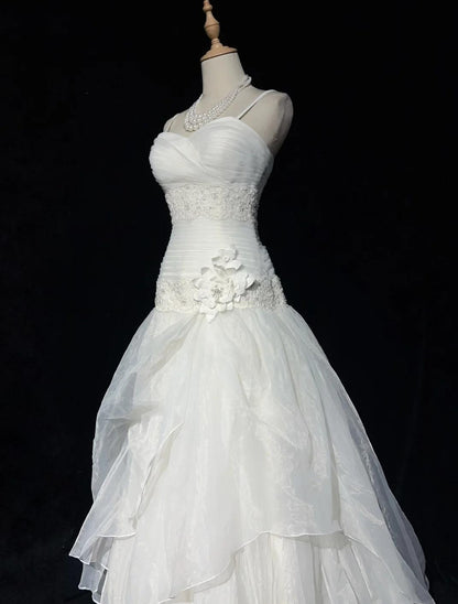 Glam White Strapless A-Line Tulle Lace Applique Wedding Dresses Long Prom Dresses ED02049