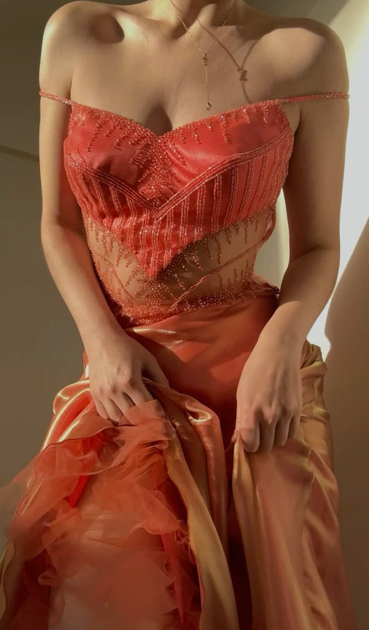 Wunderschöne orange Spaghettiträger A-Linie Tüll Perlen Partykleider Elegante Ballkleider ED02051