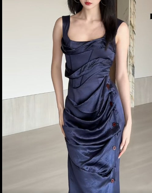 Glamouröses, marineblaues Partykleid mit quadratischem Ausschnitt und Plissee aus Satin, Cocktailkleid ED02053