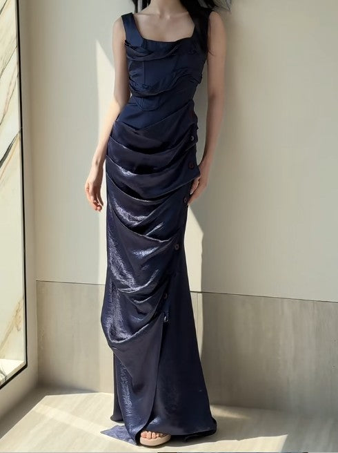 Glamouröses, marineblaues Partykleid mit quadratischem Ausschnitt und Plissee aus Satin, Cocktailkleid ED02053