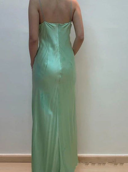 Robe de soirée fourreau en satin vert à bretelles spaghetti de style conte de fées, robe de bal gothique ED02054