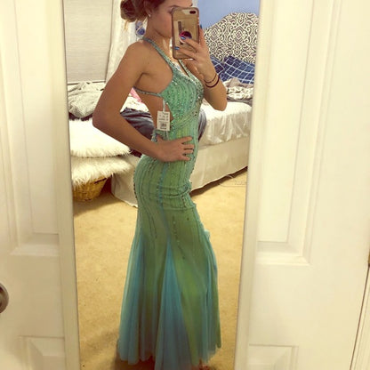Shiny Beaded Tulle Mermaid Backless Evening Dress Gorgeous Spaghetti S EvaFashionDress Shiny Beaded Tulle Mermaid Backless Evening Dress Gorgeous Spaghetti S EvaFashionDress