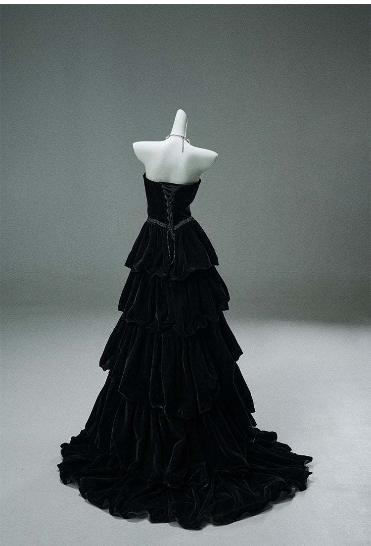 Robe de soirée élégante noire sans bretelles, coupe trapèze, en velours, longue, superposée, ED02057
