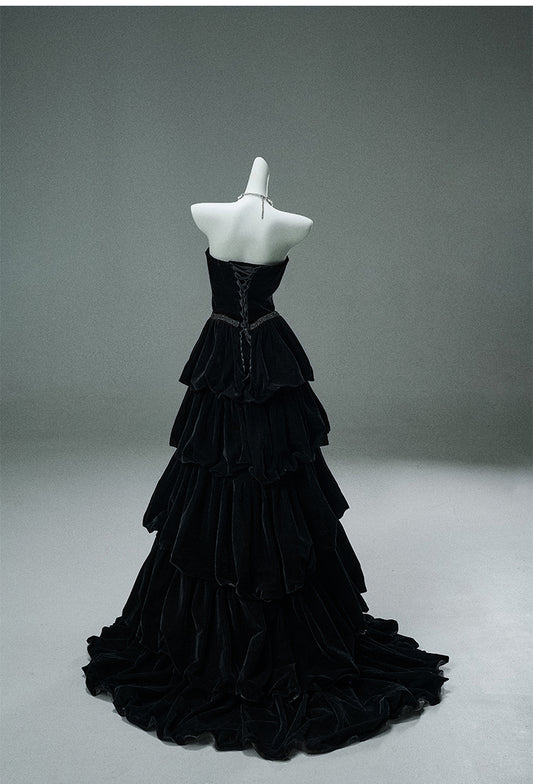 Elegant Black Strapless A-Line Velvet Layered Long Prom Dresses Formal Evening Dresses ED02057