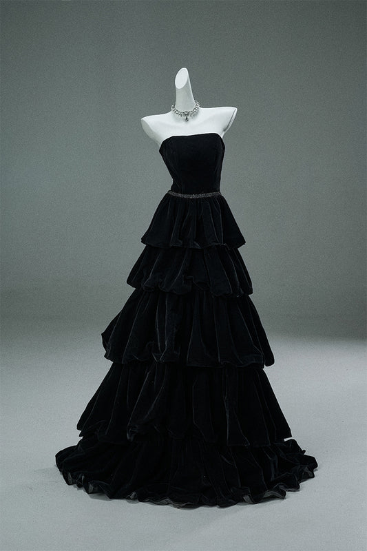 Elegant Black Strapless A-Line Velvet Layered Long Prom Dresses Formal Evening Dresses ED02057
