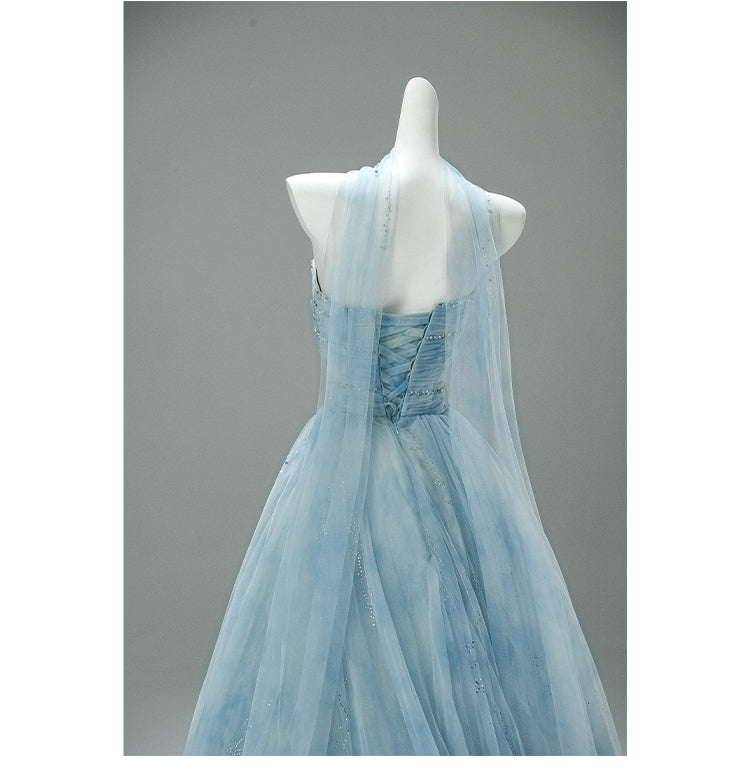 Superbe robe de soirée trapèze bleue bustier en tulle, longue robe de bal perlée scintillante ED02059