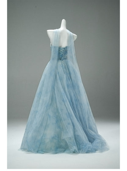 Superbe robe de soirée trapèze bleue bustier en tulle, longue robe de bal perlée scintillante ED02059