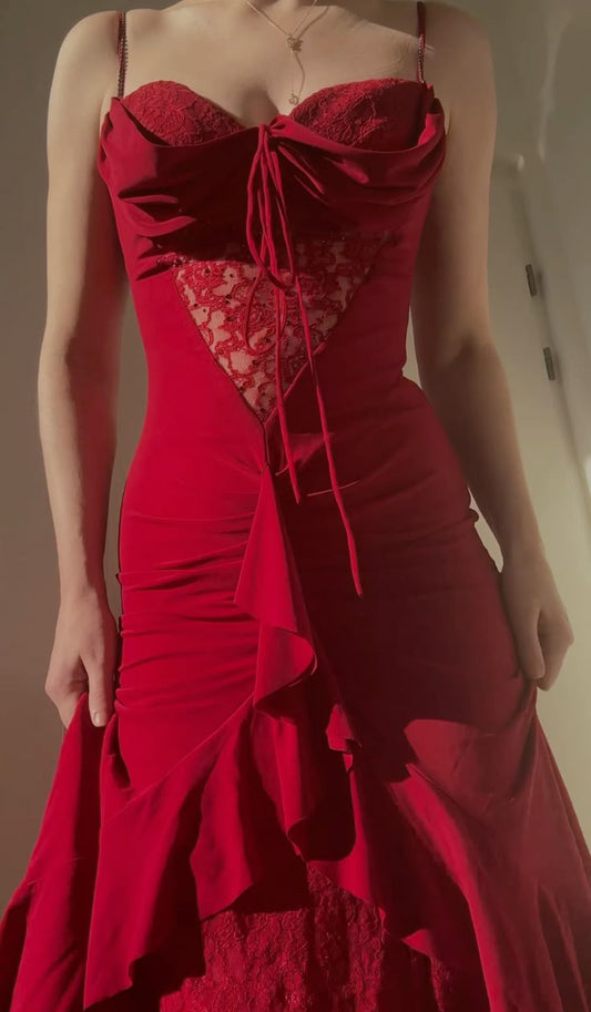 Elegante rote A-Linie Spaghettiträger Chiffon Partykleider Vintage Spitze Applikationen Ballkleider ED02060