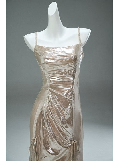 Robe de soirée longue et élégante, style sirène, champagne, bretelles spaghetti, scintillante, ED02062