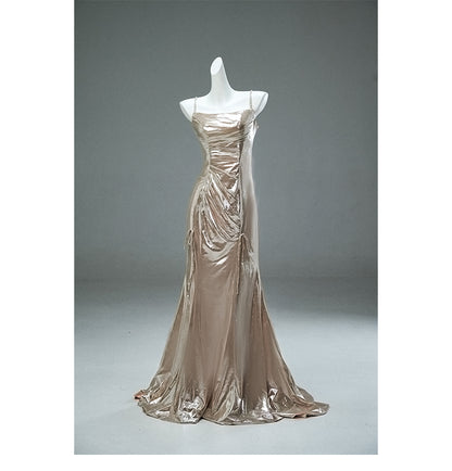 Robe de soirée longue et élégante, style sirène, champagne, bretelles spaghetti, scintillante, ED02062