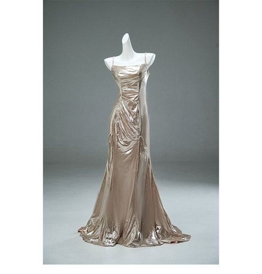 Einzigartiges Champagner Spaghettiträger Meerjungfrau Glänzendes Langes Abendkleid Elegantes Ballkleid ED02062