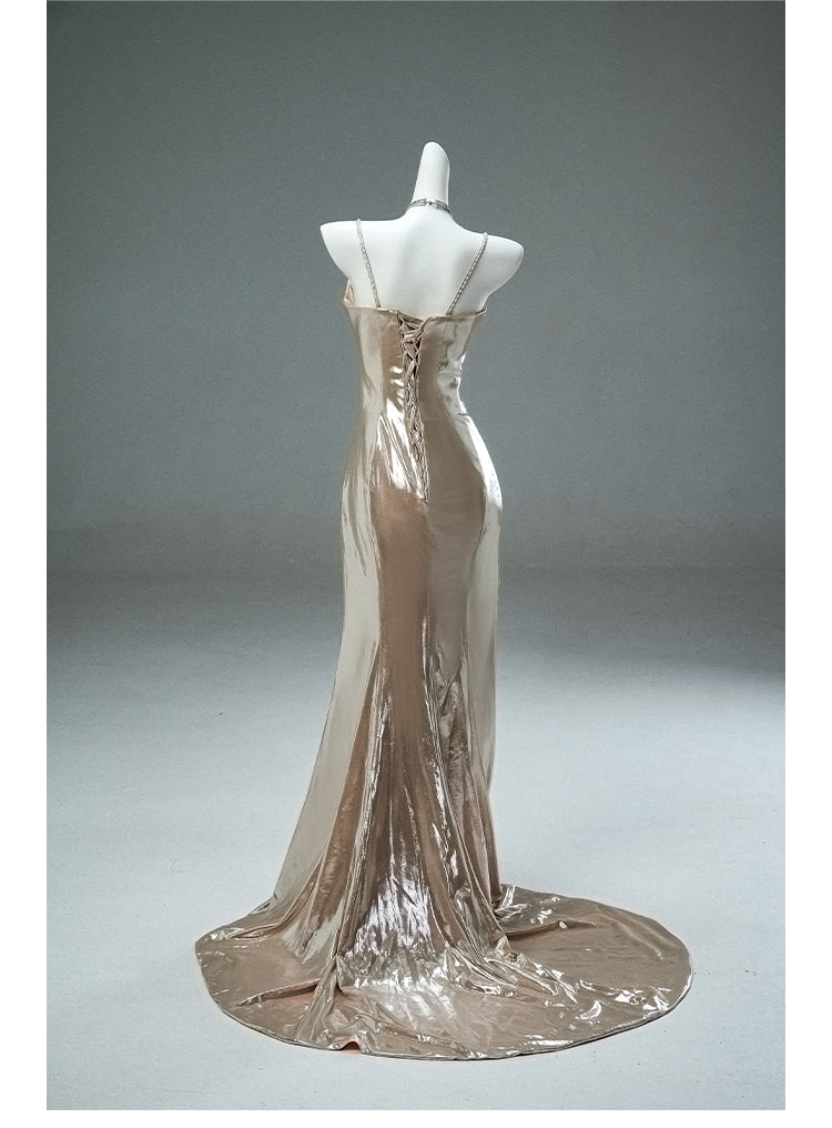 Robe de soirée longue et élégante, style sirène, champagne, bretelles spaghetti, scintillante, ED02062
