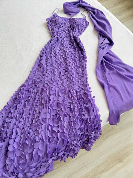 Glamouröses lila Spaghettiträger-Chiffon-Partykleid, Vintage-Cocktailkleid ED02063