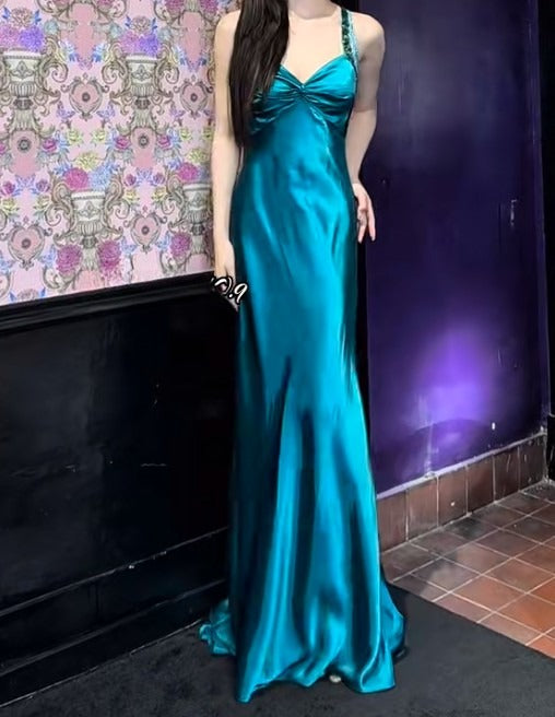 Elegantes, blaugrünes Spaghettiträger-Etuikleid aus Satin mit rückenfreiem Retro-Look, langes Partykleid ED02064