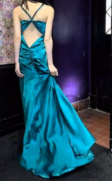 Elegantes, blaugrünes Spaghettiträger-Etuikleid aus Satin mit rückenfreiem Retro-Look, langes Partykleid ED02064