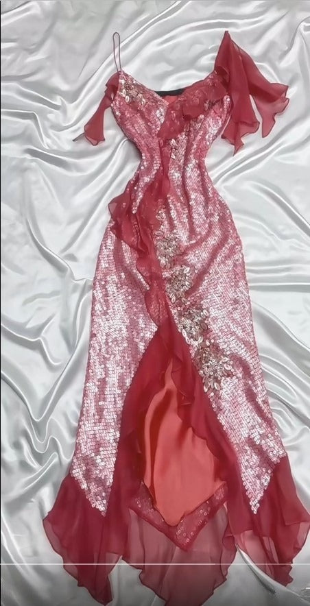 Funkelndes Pink Spaghettiträger Bodycon Pailletten Partykleid Ballkleid mit Schlitzen ED02069