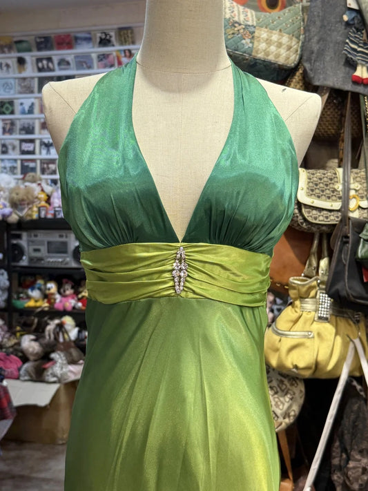 Vintage Farbverlauf Grün V-Ausschnitt Satin Rückenfrei Lange Partykleider ED02071