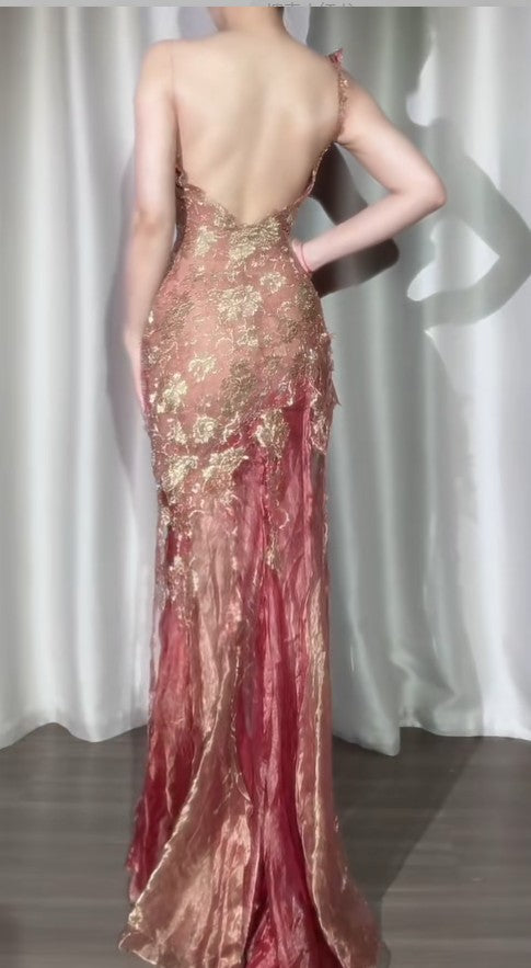 Robe de soirée longue moulante en tulle rose, élégante, en dentelle dorée, style vintage, ED02072