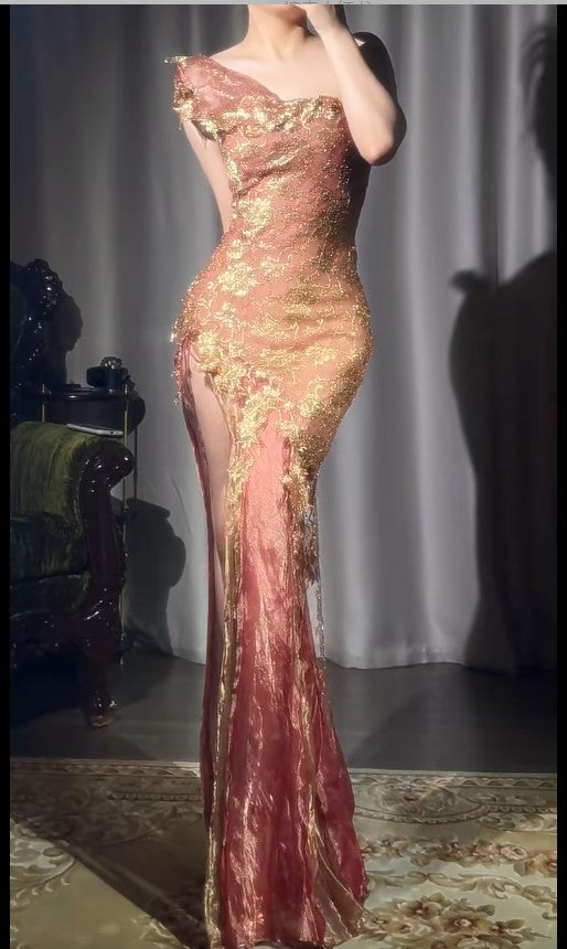 Robe de soirée longue moulante en tulle rose, élégante, en dentelle dorée, style vintage, ED02072