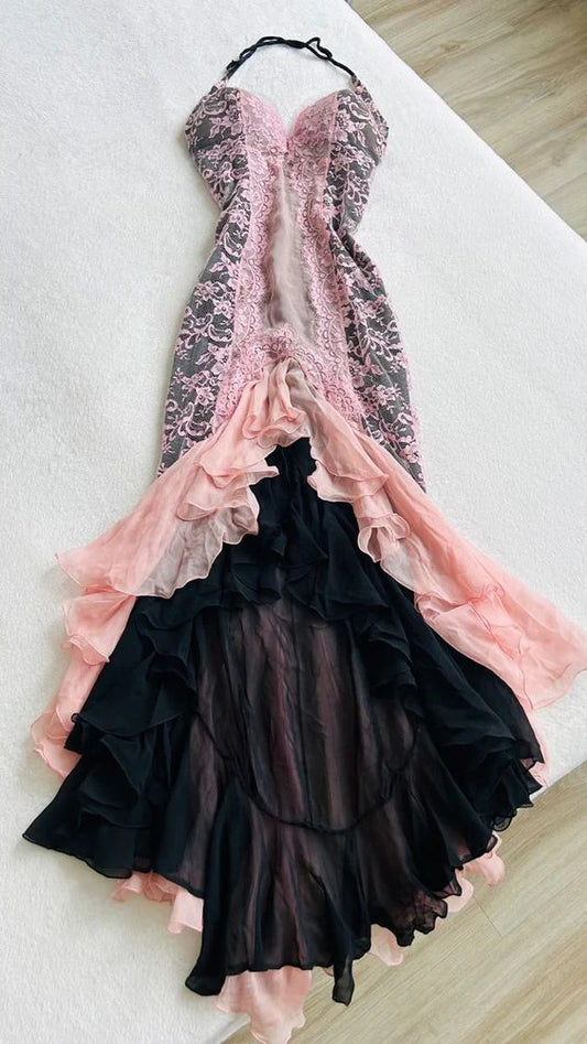 Vintage Rosa Spaghettiträger Herzförmiger Ausschnitt Chiffon Ballkleid Spitze Applique Partykleider ED02075