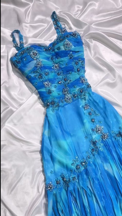 Vintage Blau Spaghettiträger A-Linie Chiffon Perlen Partykleider Homecoming Kleid ED02076