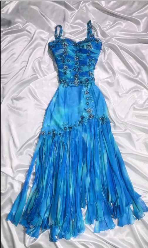 Vintage Blau Spaghettiträger A-Linie Chiffon Perlen Partykleider Homecoming Kleid ED02076