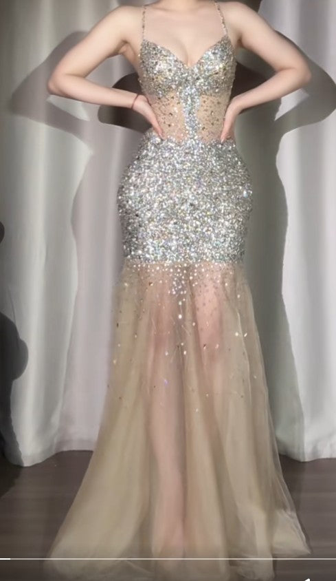 Robe de soirée sirène sexy à bretelles spaghetti et paillettes, élégante, en tulle, col en V, dos nu, longue, ED02079