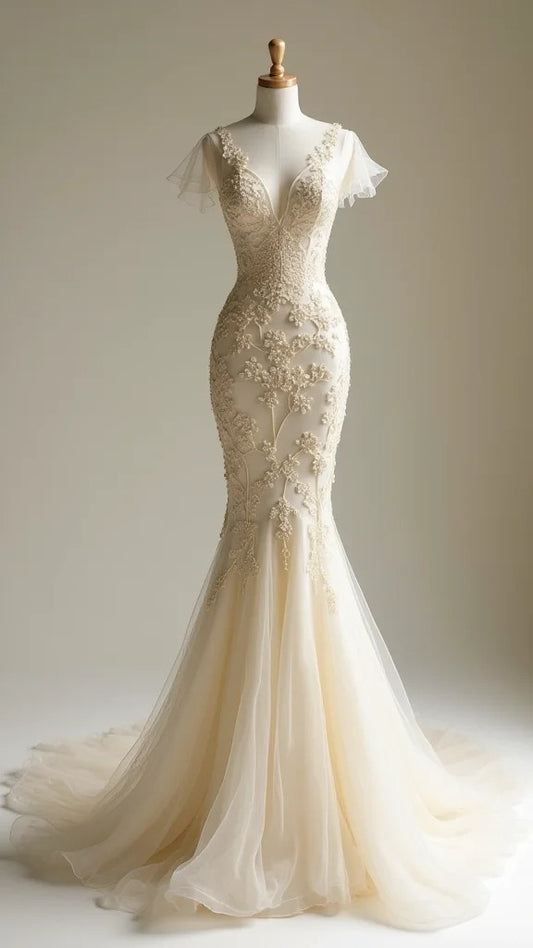 Robe de mariée élégante en tulle ivoire à col en V et dentelle style sirène, robe de soirée simple ED02082